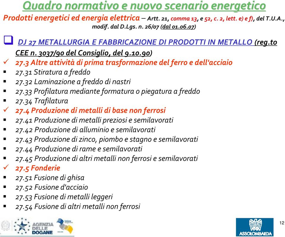 31 Stiratura a freddo 27.32 Laminazione a freddo di nastri 27.33 Profilatura mediante formatura o piegatura a freddo 27.34 Trafilatura 27.4 Produzione di metalli di base non ferrosi 27.