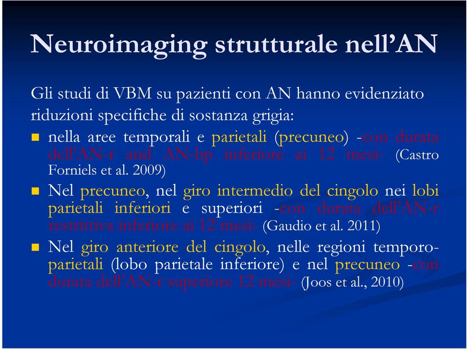 2009) Nel precuneo, nel giro intermedio del cingolo nei lobi parietali inferiori e superiori -con durata dell AN-r restrittiva inferiore ai 12