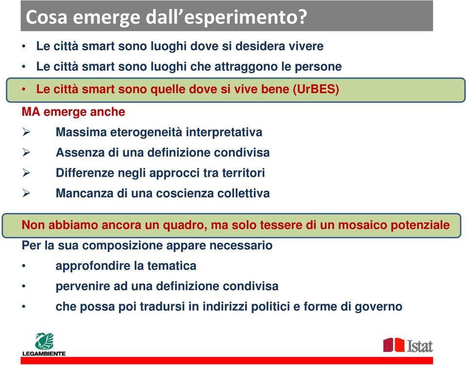 (UrBES) MA emerge anche Massima eterogeneità interpretativa Assenza di una definizione condivisa Differenze negli approcci tra territori Mancanza di