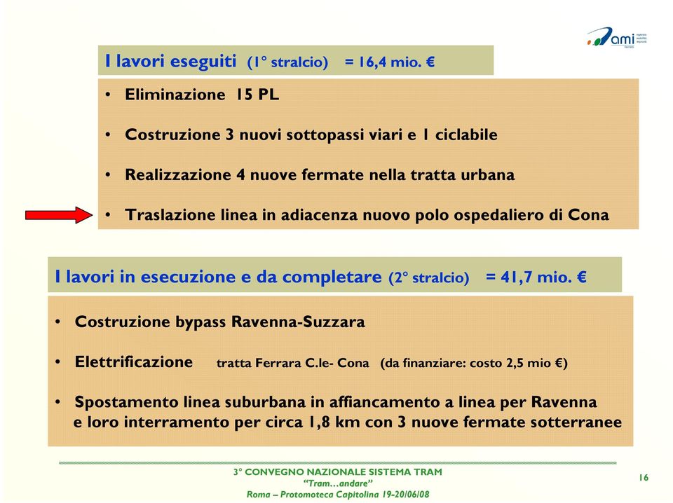 linea in adiacenza nuovo polo ospedaliero di Cona I lavori in esecuzione e da completare (2 stralcio) = 41,7 mio.