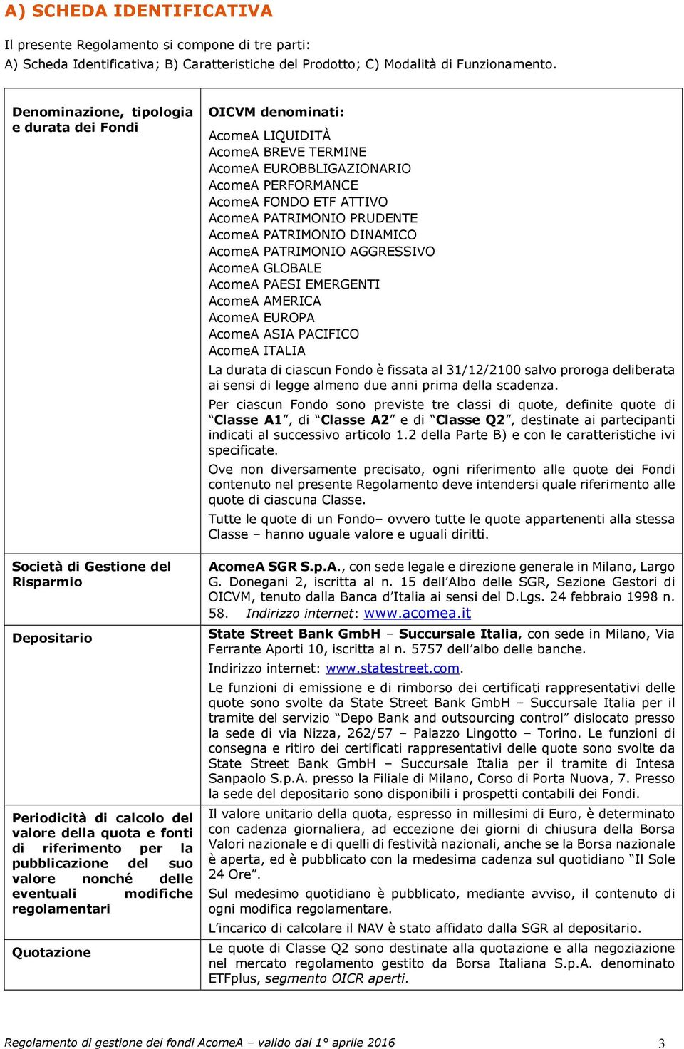 nonché delle eventuali modifiche regolamentari Quotazione OICVM denominati: AcomeA LIQUIDITÀ AcomeA BREVE TERMINE AcomeA EUROBBLIGAZIONARIO AcomeA PERFORMANCE AcomeA FONDO ETF ATTIVO AcomeA