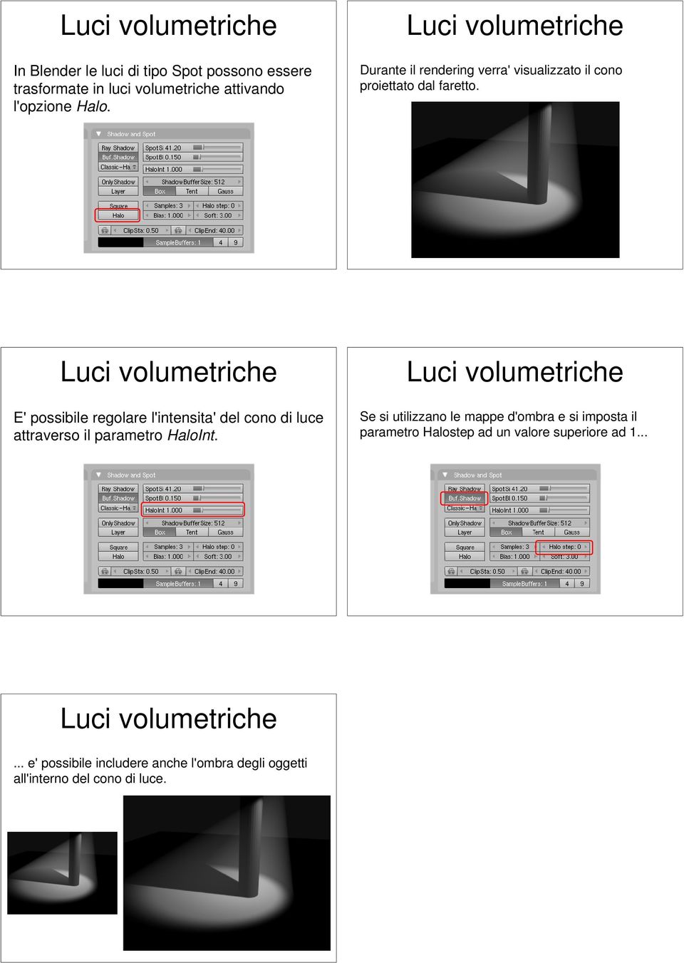 Luci volumetriche E' possibile regolare l'intensita' del cono di luce attraverso il parametro HaloInt.