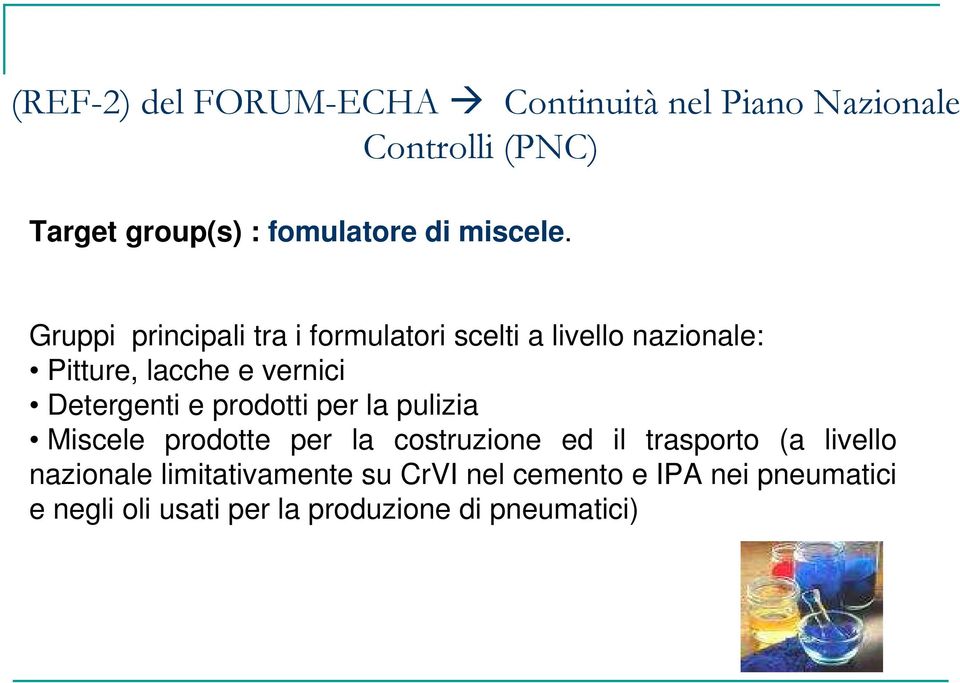 Gruppi principali tra i formulatori scelti a livello nazionale: Pitture, lacche e vernici Detergenti e