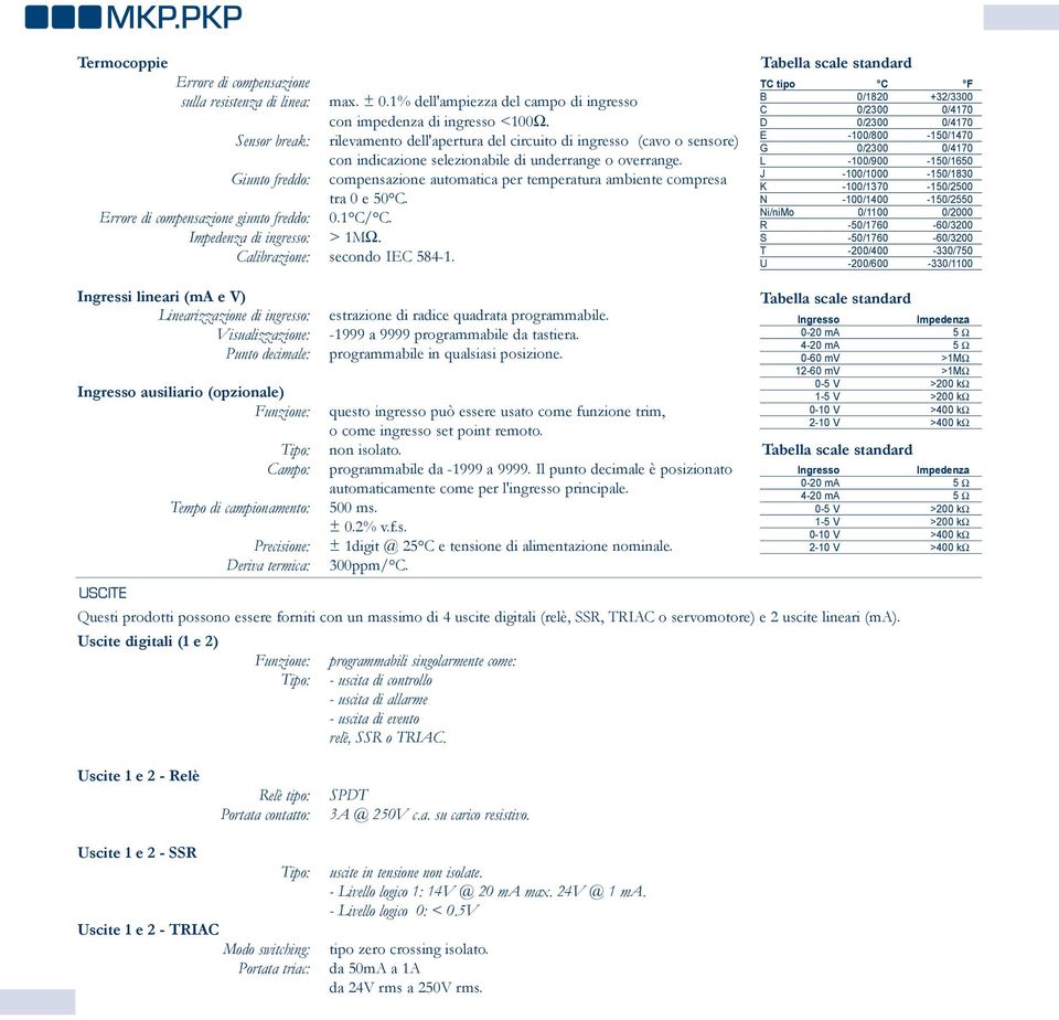 Giunto freddo: compensazione automatica per temperatura ambiente compresa tra 0 e 50 C. Errore di compensazione giunto freddo: 0.1 C/ C. Impedenza di ingresso: > 1MΩ. Calibrazione: secondo IEC 584-1.