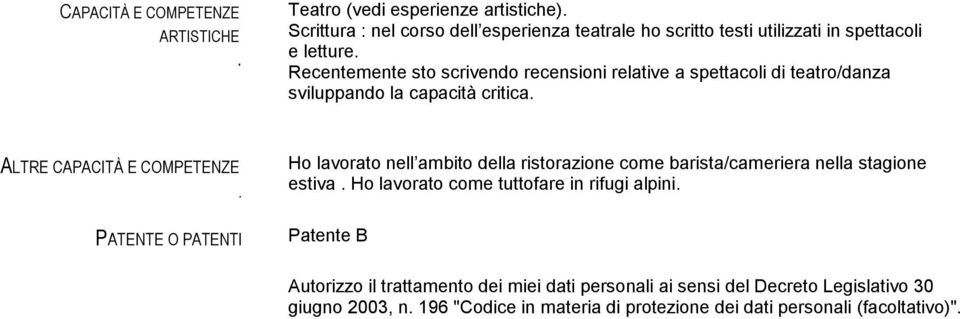 PATENTI Ho lavorato nell ambito della ristorazione come barista/cameriera nella stagione estiva Ho lavorato come tuttofare in rifugi alpini Patente B