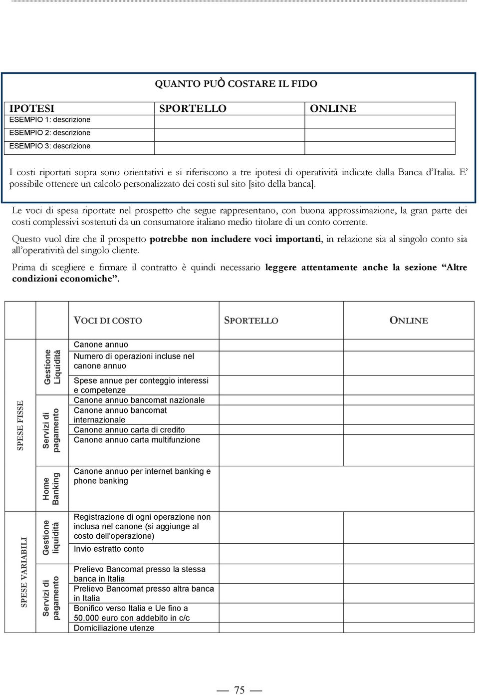 Le voci di spesa riportate nel prospetto che segue rappresentano, con buona approssimazione, la gran parte dei costi complessivi sostenuti da un consumatore italiano medio titolare di un conto