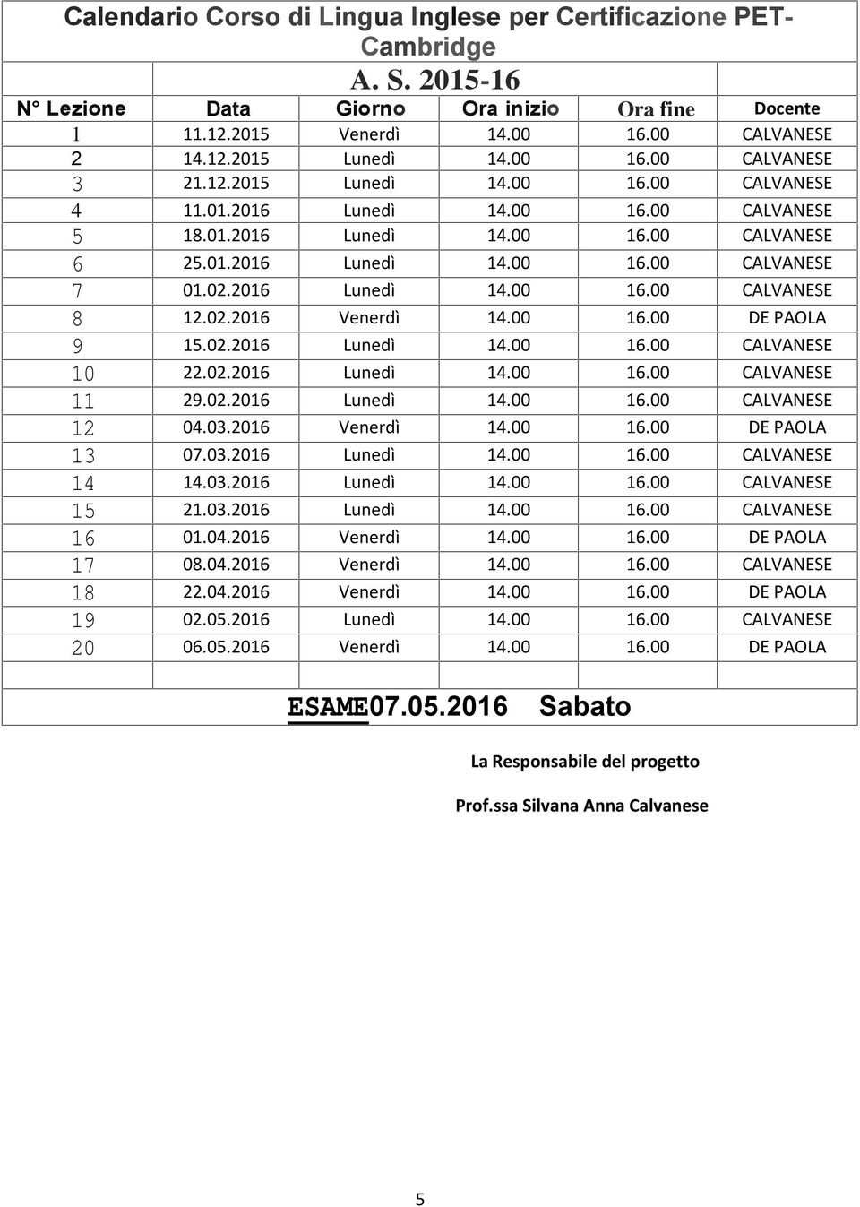 2016 Lunedì 14.00 16.00 CALVANESE 8 12.02.2016 Venerdì 14.00 16.00 DE PAOLA 9 15.02.2016 Lunedì 14.00 16.00 CALVANESE 10 22.02.2016 Lunedì 14.00 16.00 CALVANESE 11 29.02.2016 Lunedì 14.00 16.00 CALVANESE 12 04.