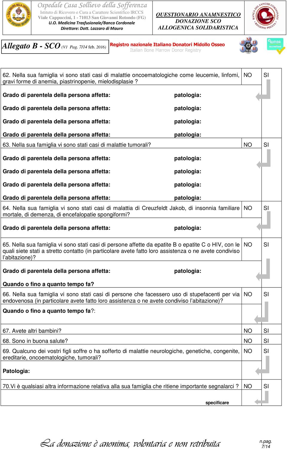 Nella sua famiglia vi sono stati casi di malattie tumorali? 64.