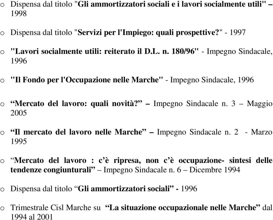 180/96" - Impegno Sindacale, 1996 o "Il Fondo per l'occupazione nelle Marche" - Impegno Sindacale, 1996 o Mercato del lavoro: quali novità? Impegno Sindacale n.