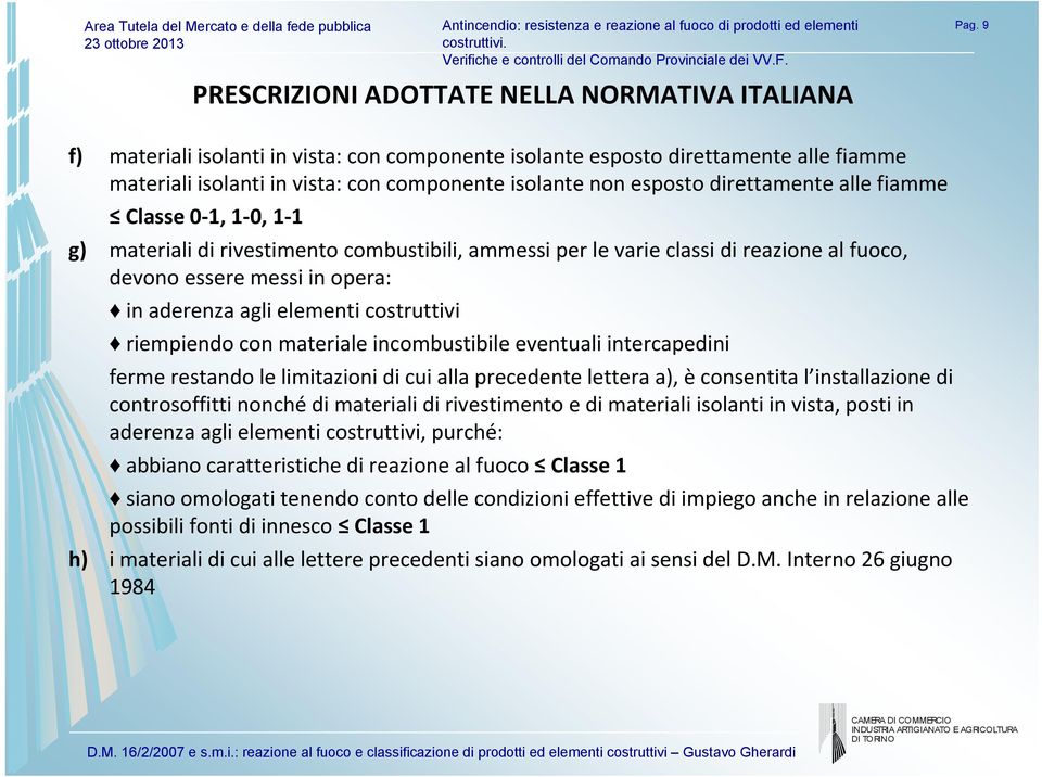 1 g) materiali di rivestimento combustibili, ammessi per le varie classi di reazione al fuoco, devono essere messi in opera: in aderenza agli elementi costruttivi riempiendo con materiale