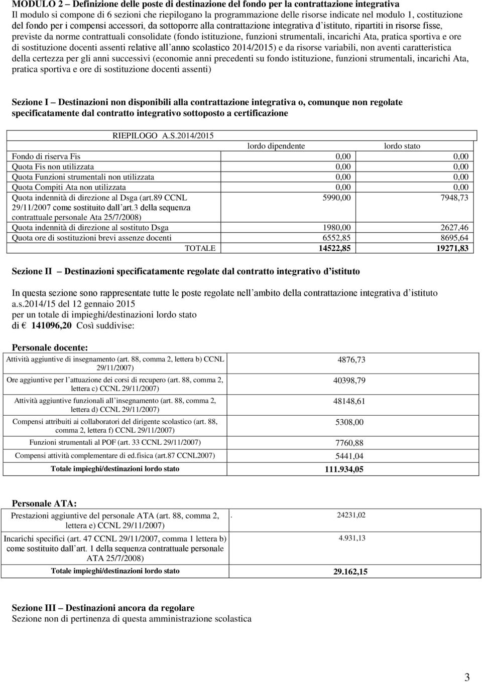 funzioni strumentali, incarichi Ata, pratica sportiva e ore di sostituzione docenti assenti relative all anno scolastico 2014/2015) e da risorse variabili, non aventi caratteristica della certezza