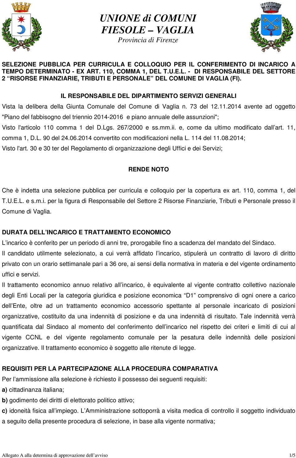 2014 avente ad oggetto "Piano del fabbisogno del triennio 2014-2016 e piano annuale delle assunzioni"; Visto l'articolo 110 comma 1 del D.Lgs. 267/2000 e ss.mm.ii.