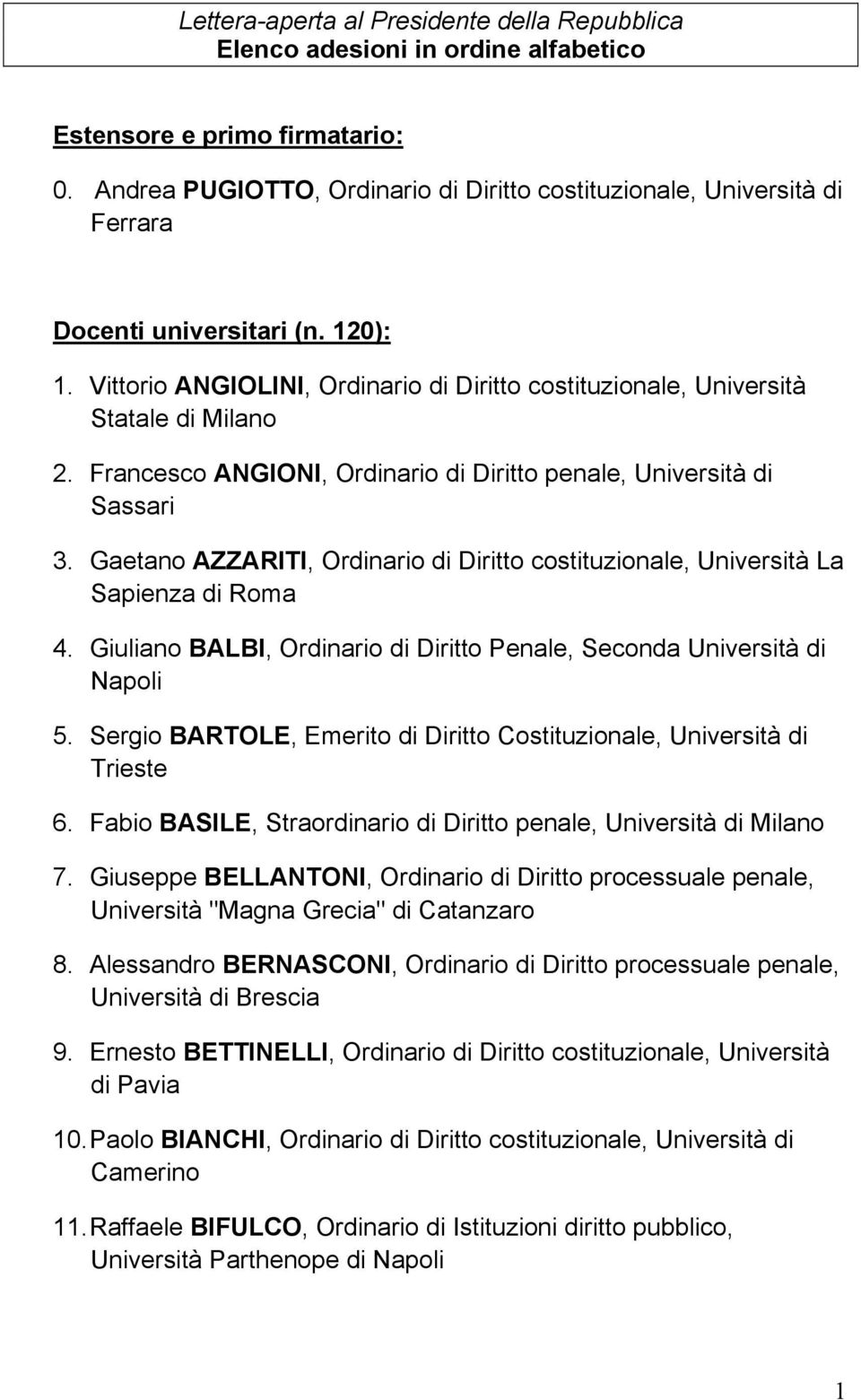 Francesco ANGIONI, Ordinario di Diritto penale, Università di Sassari 3. Gaetano AZZARITI, Ordinario di Diritto costituzionale, Università La Sapienza di Roma 4.