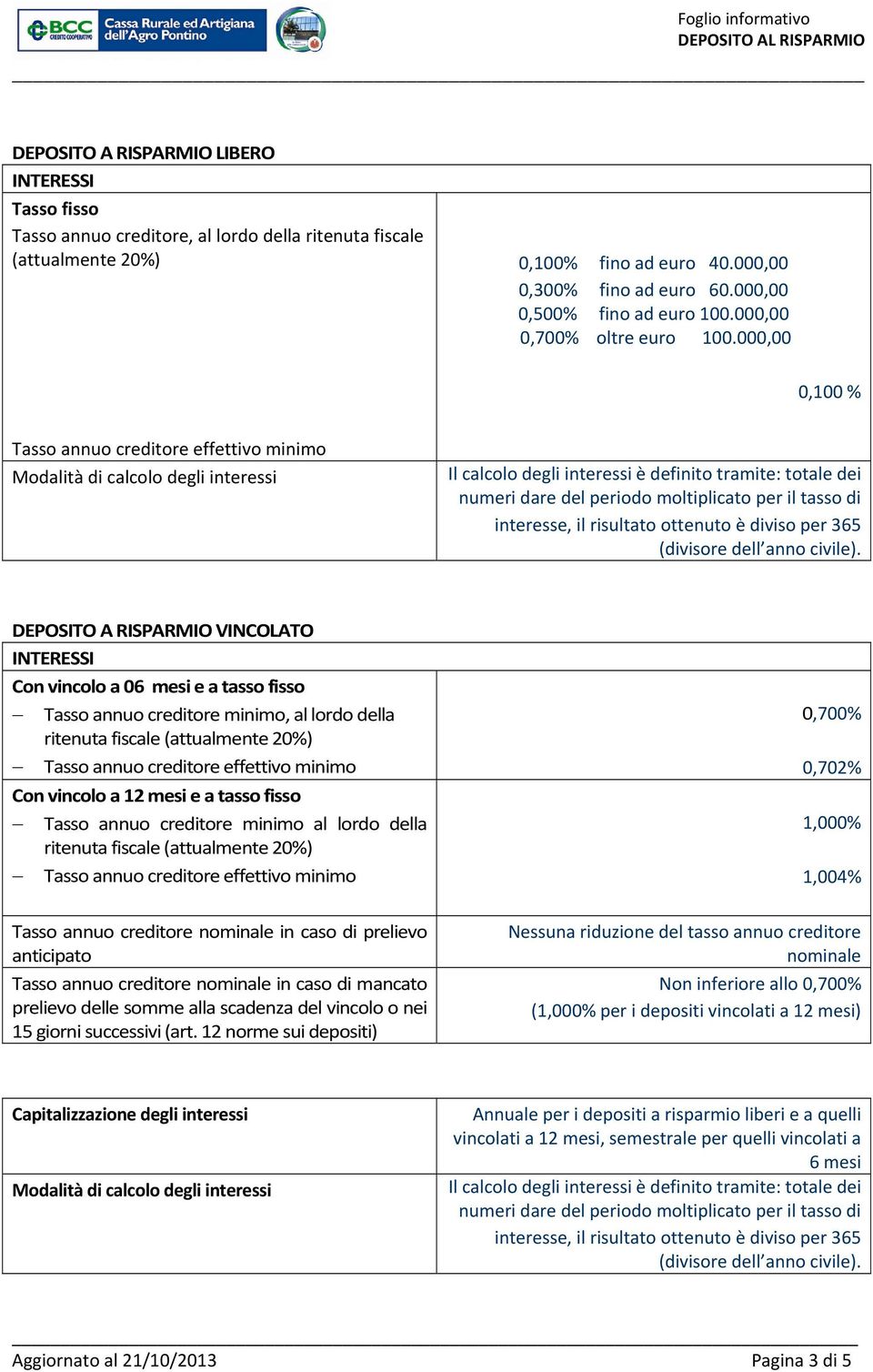 000,00 0,100 % Tasso annuo creditore effettivo minimo Modalità di calcolo degli interessi Il calcolo degli interessi è definito tramite: totale dei numeri dare del periodo moltiplicato per il tasso