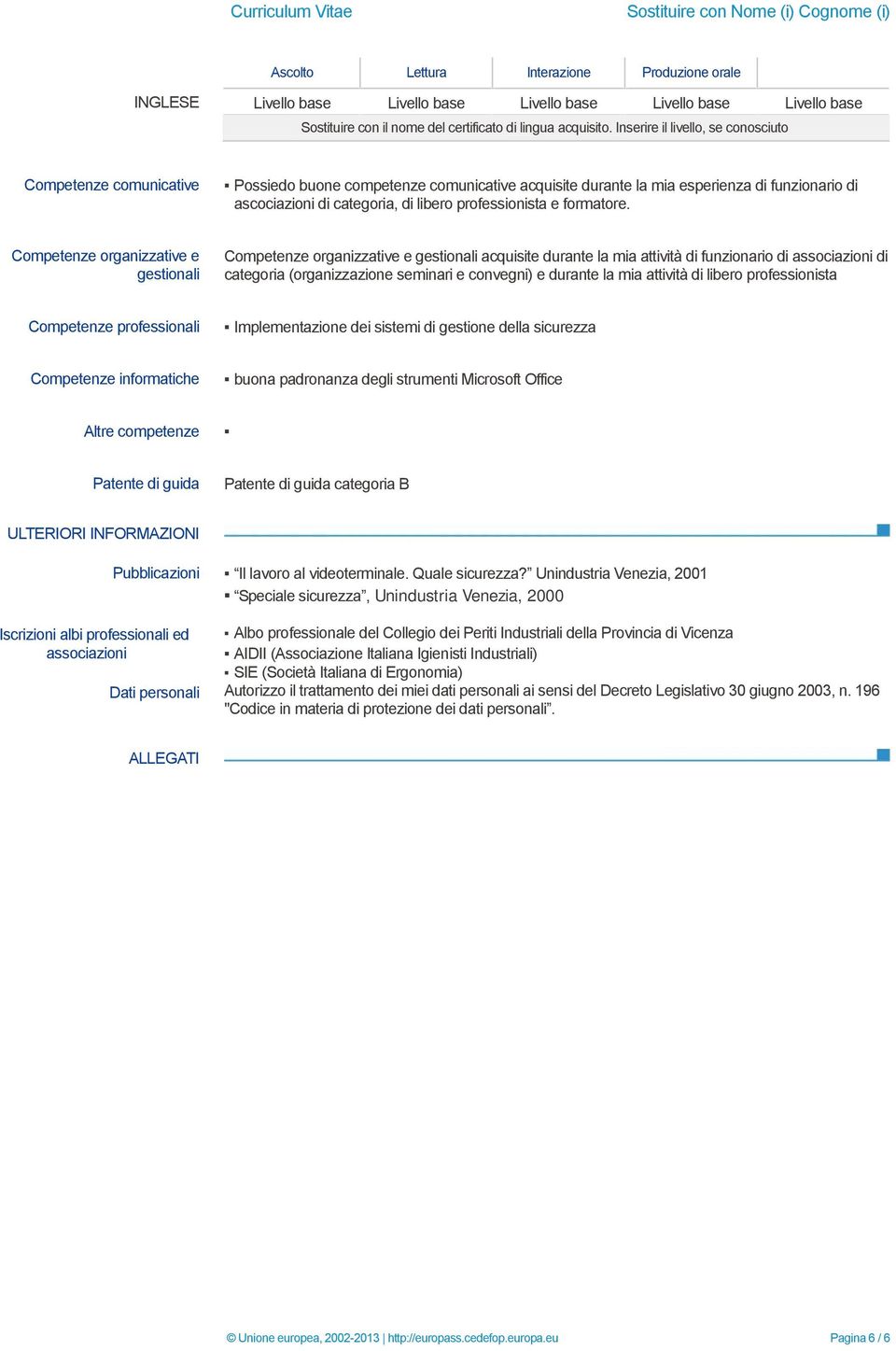 Inserire il livello, se Competenze comunicative Possiedo buone competenze comunicative acquisite durante la mia esperienza di funzionario di ascociazioni di categoria, di libero professionista e