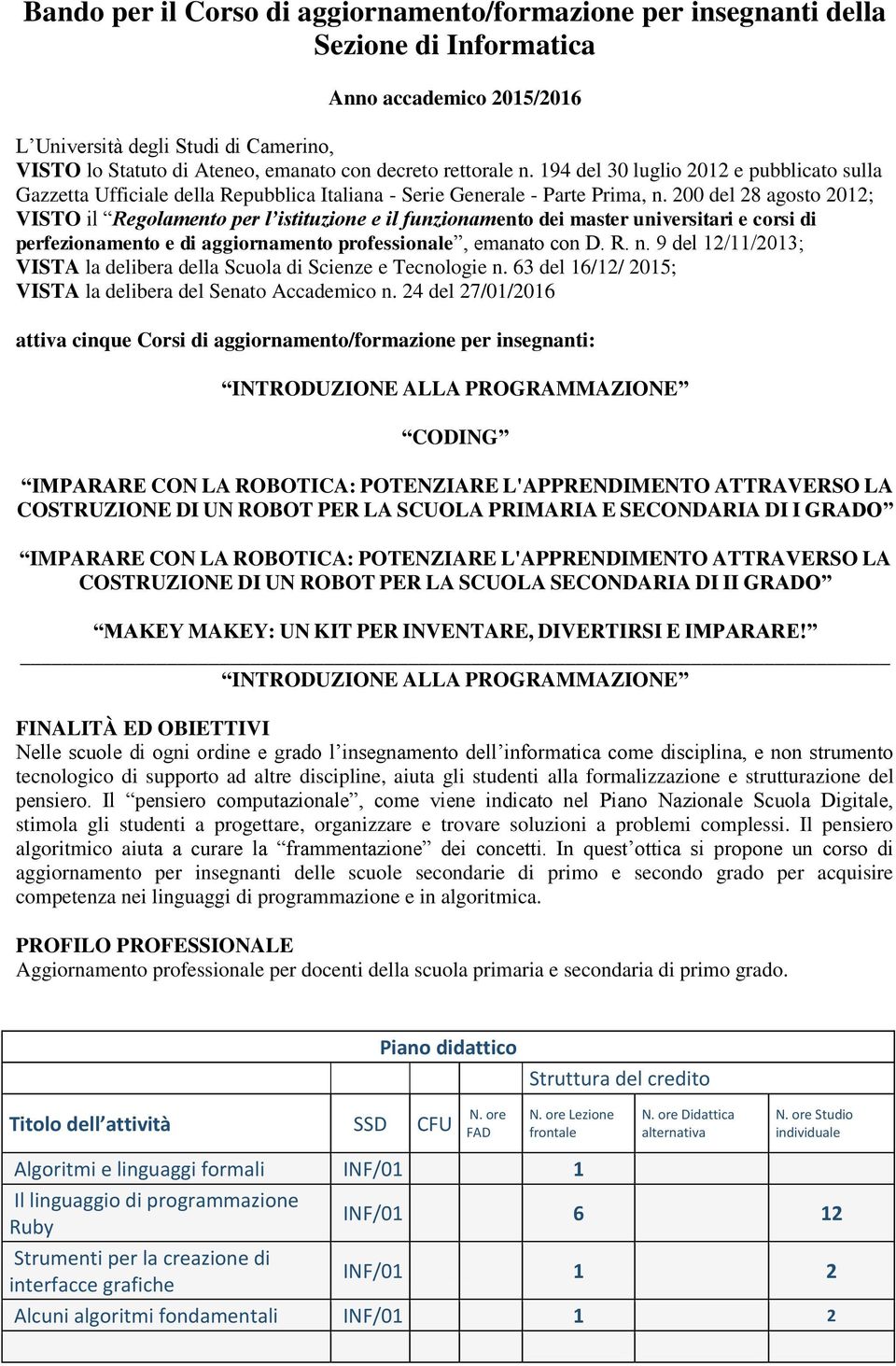 200 del 28 agosto 2012; VISTO il Regolamento per l istituzione e il funzionamento dei master universitari e corsi di perfezionamento e di aggiornamento professionale, emanato con D. R. n.