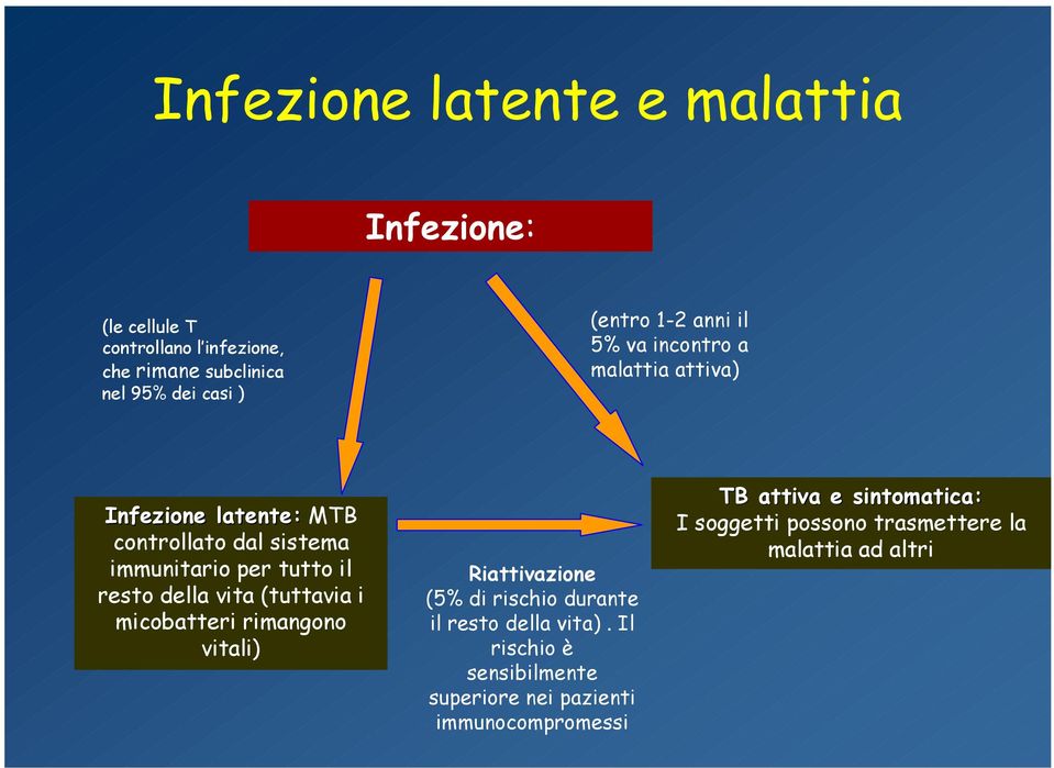 della vita (tuttavia i micobatteri rimangono vitali) Riattivazione (5% di rischio durante il resto della vita).