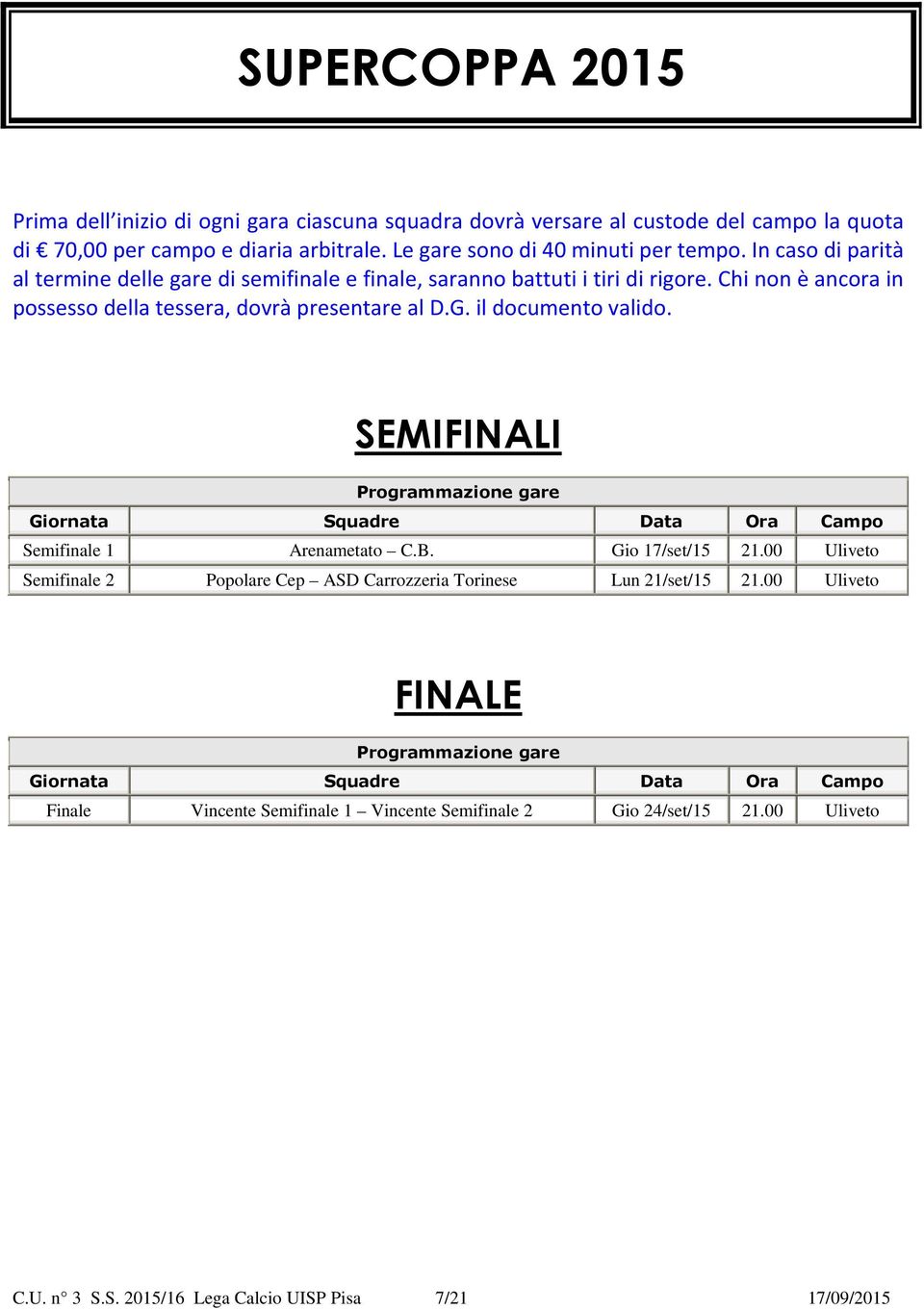 il documento valido. SEMIFINALI Giornata Squadre Data Ora Campo Semifinale 1 Arenametato C.B. Gio 17/set/15 21.