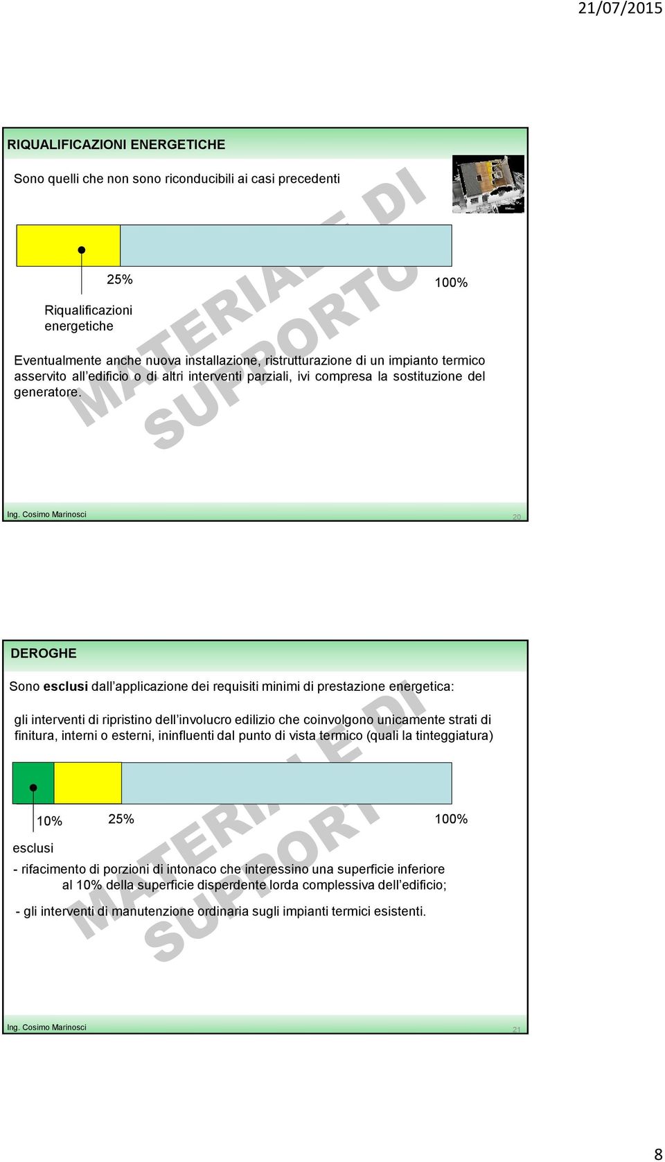 Cosimo Marinosci 20 DEROGHE Sono esclusi dall applicazione dei requisiti minimi di prestazione energetica: gli interventi di ripristino dell involucro edilizio che coinvolgono unicamente strati di