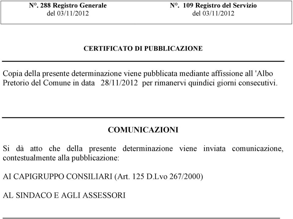 determinazione viene pubblicata mediante affissione all 'Albo Pretorio del Comune in data 28/11/2012 per rimanervi