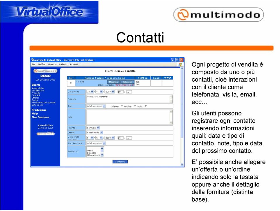 quali: data e tipo di contatto, note, tipo e data del prossimo contatto.