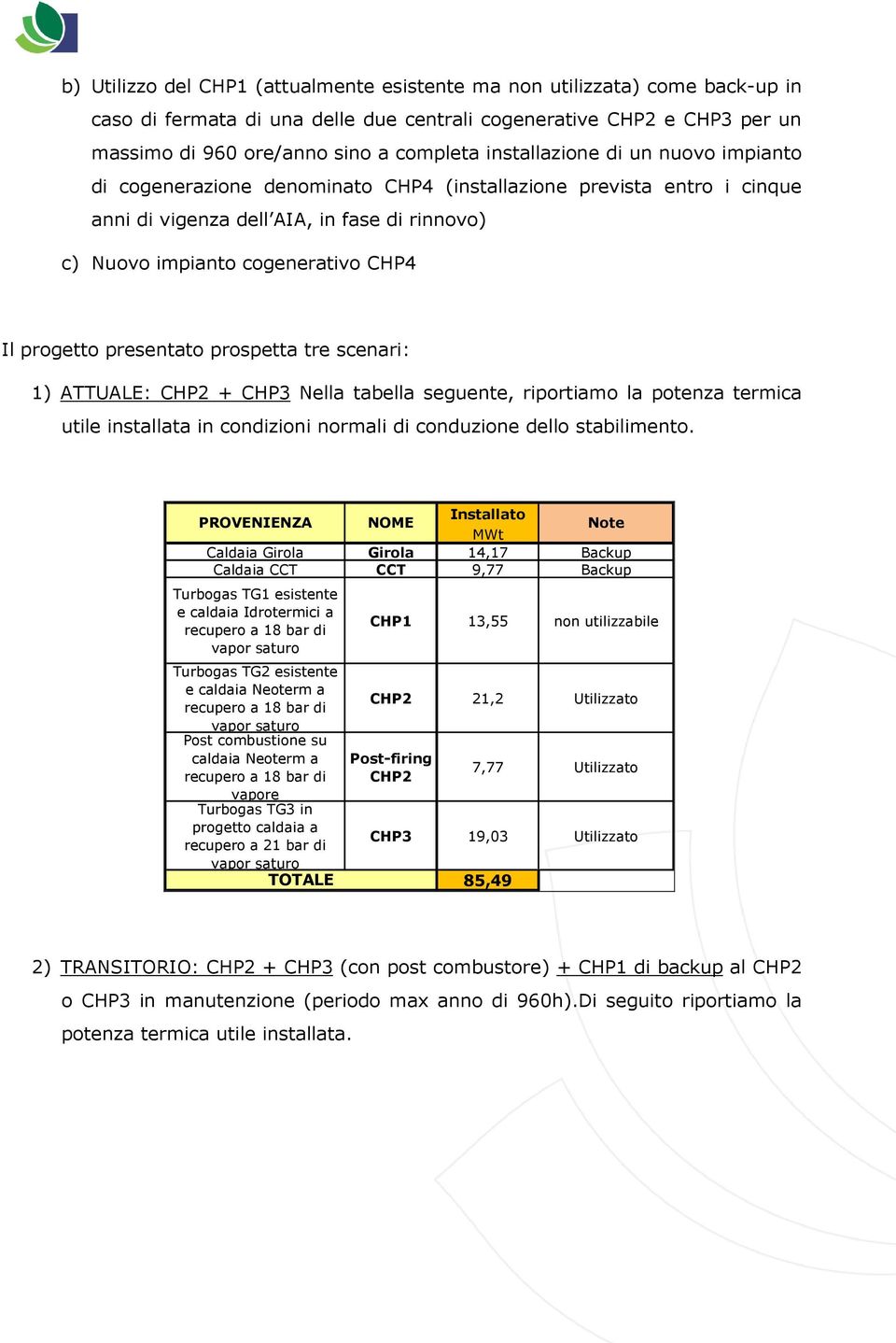 progetto presentato prospetta tre scenari: 1) ATTUALE: CHP2 + CHP3 Nella tabella seguente, riportiamo la potenza termica utile installata in condizioni normali di conduzione dello stabilimento.