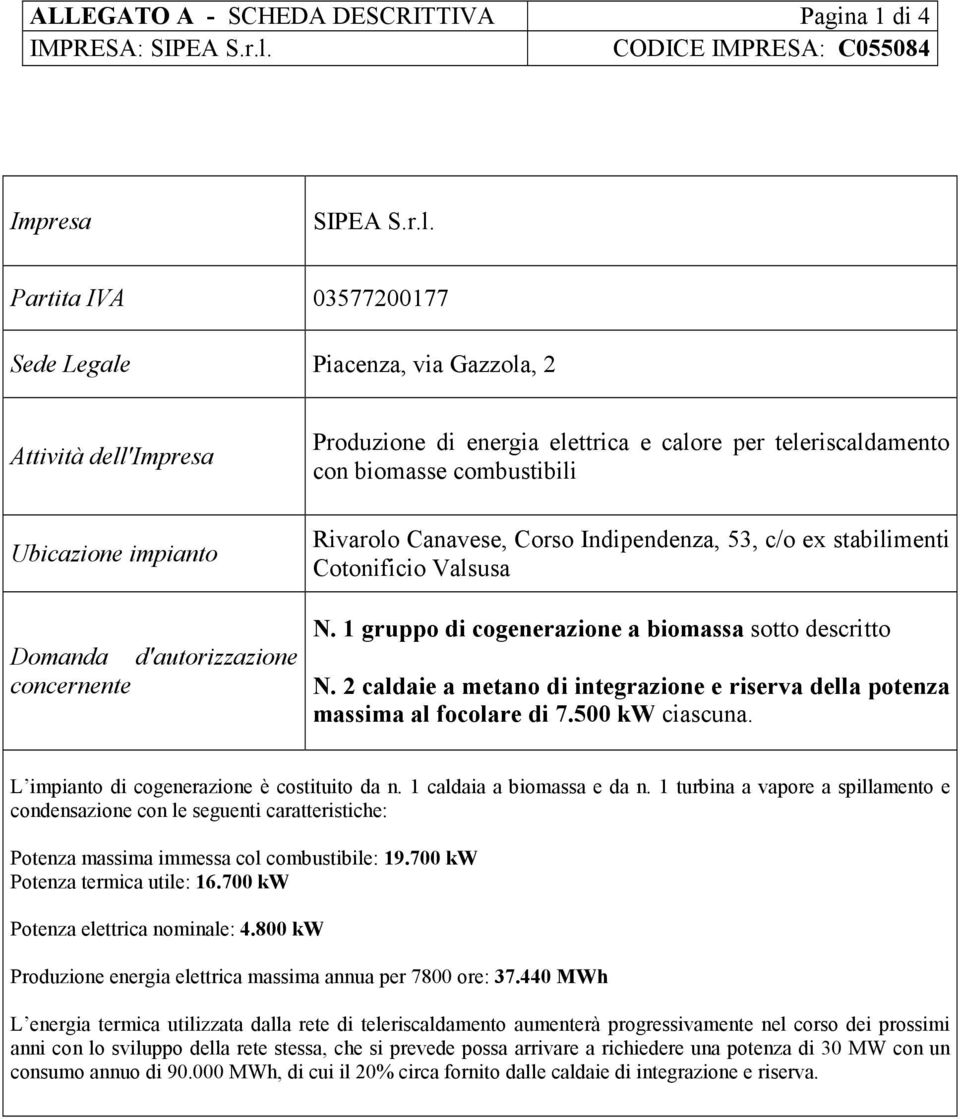 teleriscaldamento con biomasse combustibili Rivarolo Canavese, Corso Indipendenza, 53, c/o ex stabilimenti Cotonificio Valsusa N. 1 gruppo di cogenerazione a biomassa sotto descritto N.