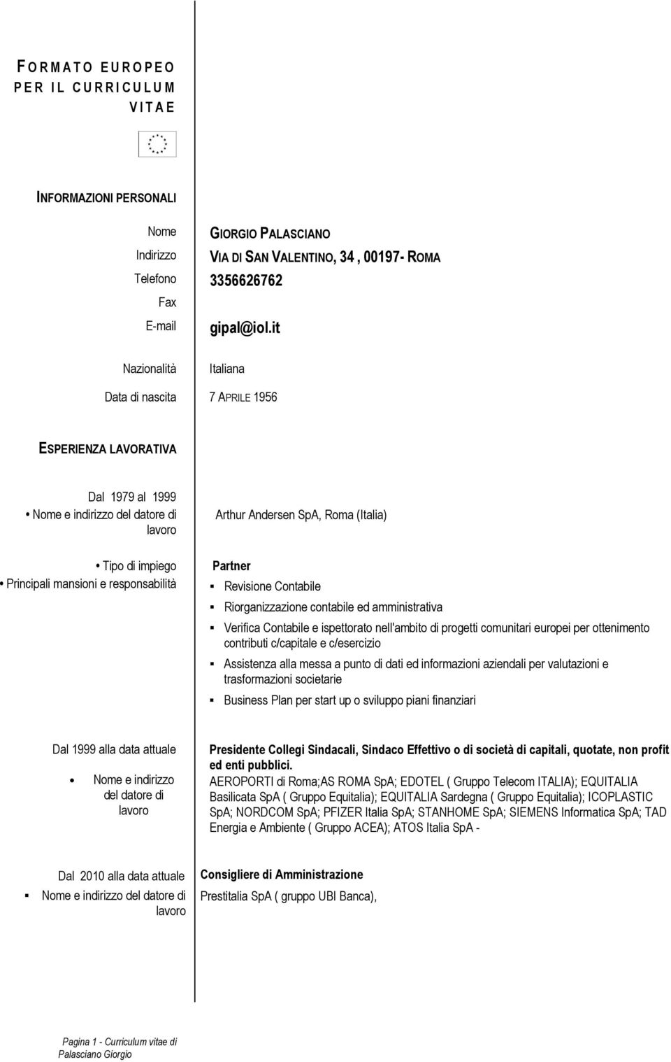 it Nazionalità Italiana Data di nascita 7 APRILE 1956 ESPERIENZA LAVORATIVA Dal 1979 al 1999 Nome e indirizzo del datore di lavoro Tipo di impiego Principali mansioni e responsabilità Arthur Andersen