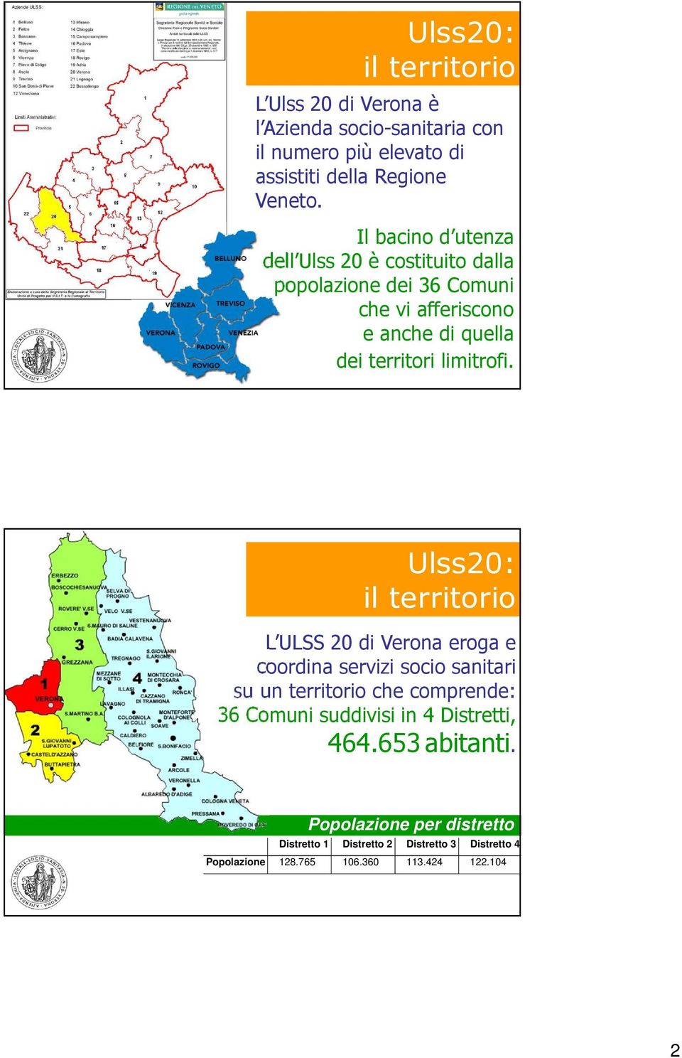 Ulss20: il territorio L ULSS 20 di Verona eroga e coordina servizi socio sanitari su un territorio che comprende: 36 Comuni suddivisi in 4