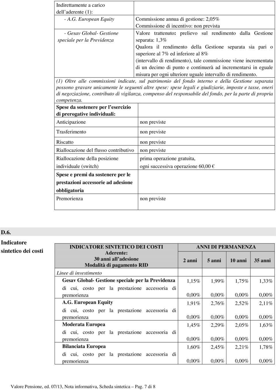 Gestione separata: 1,3% Qualora il rendimento della Gestione separata sia pari o superiore al 7% ed inferiore al 8% (intervallo di rendimento), tale commissione viene incrementata di un decimo di