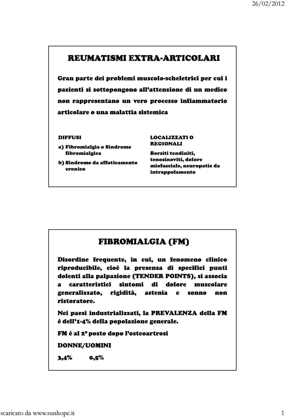 miofasciale, neuropatie da intrappolamento FIBROMIALGIA (FM) Disordine frequente, in cui, un fenomeno clinico riproducibile, cioè la presenza di specifici punti dolenti alla palpazione (TENDER