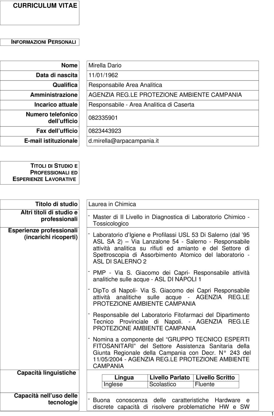 it TITOLI DI STUDIO E PROFESSIONALI ED ESPERIENZE LAVORATIVE Titolo di studio Altri titoli di studio e professionali Esperienze professionali (incarichi ricoperti) Laurea in Chimica - Master di II