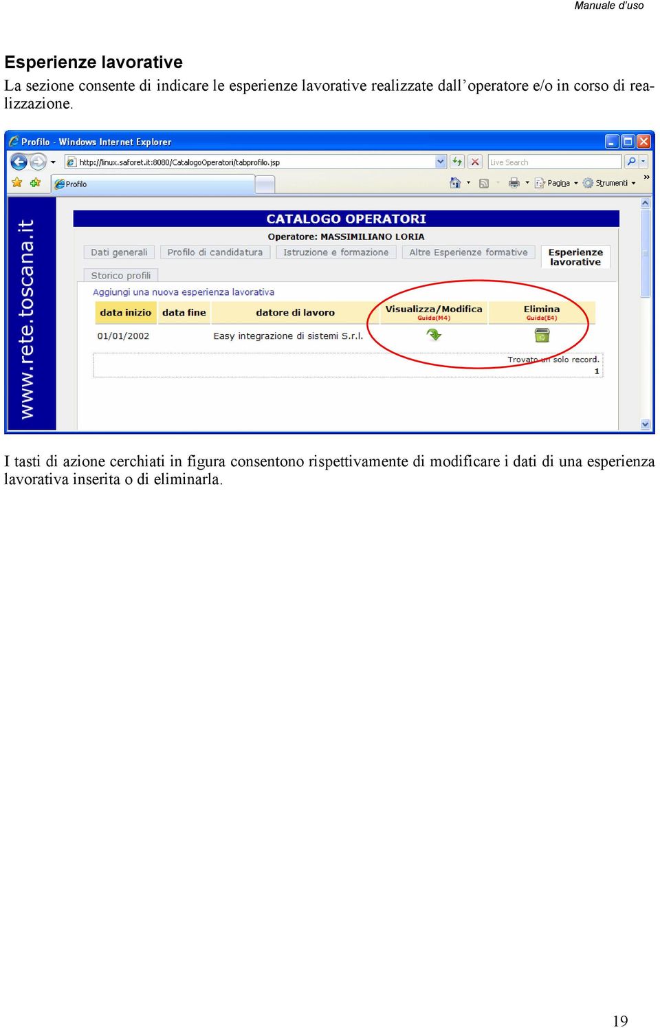 I tasti di azione cerchiati in figura consentono rispettivamente di