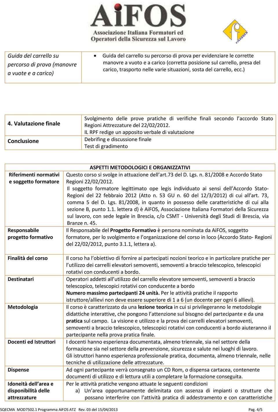 Valutazione finale Conclusione Svolgimento delle prove pratiche di verifiche finali secondo l accordo Stato Regioni Attrezzature del 22/02/2012.