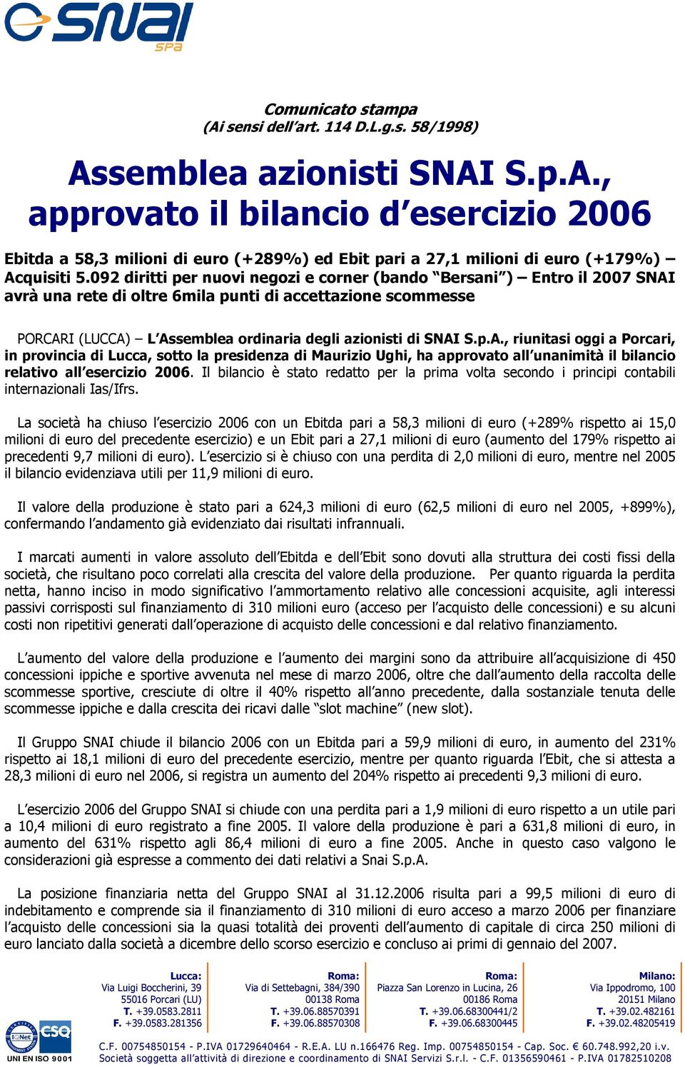 p.A., riunitasi oggi a Porcari, in provincia di Lucca, sotto la presidenza di Maurizio Ughi, ha approvato all unanimità il bilancio relativo all esercizio 2006.