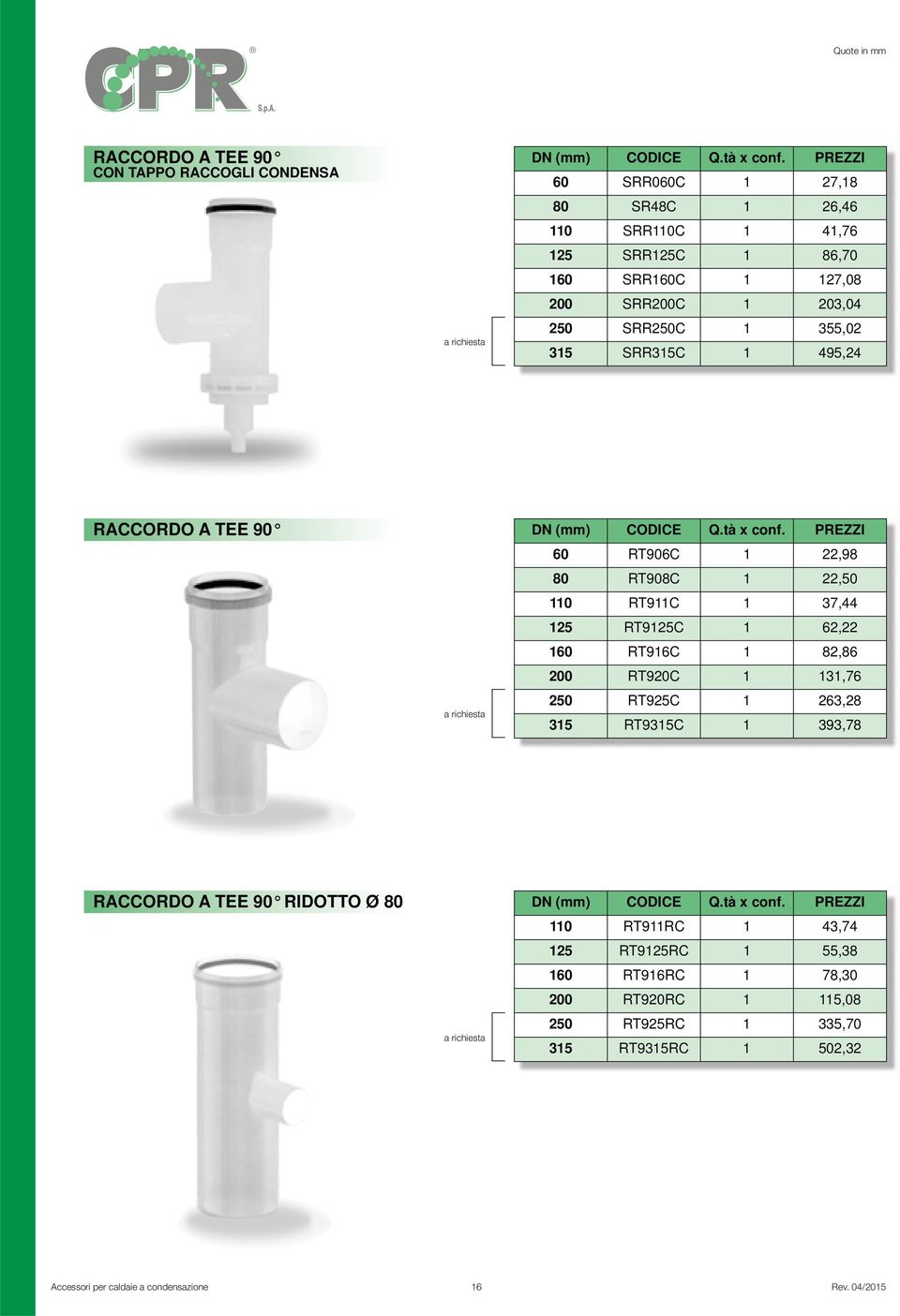RT9125C 1 62,22 160 RT916C 1 82,86 200 RT920C 1 131,76 250 RT925C 1 263,28 315 RT9315C 1 393,78 RACCORDO A TEE 90 RIDOTTO Ø 80 110 RT911RC 1 43,74
