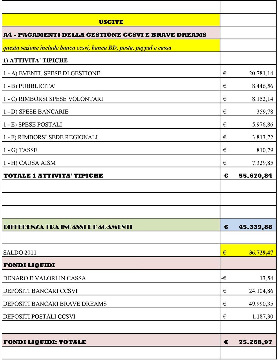 976,86 1 - F) RIMBORSI SEDE REGIONALI 3.813,72 1 - G) TASSE 810,79 1 - H) CAUSA AISM 7.329,85 TOTALE 1 ATTIVITA' TIPICHE 55.670,84 DIFFERENZA TRA INCASSI E PAGAMENTI 45.