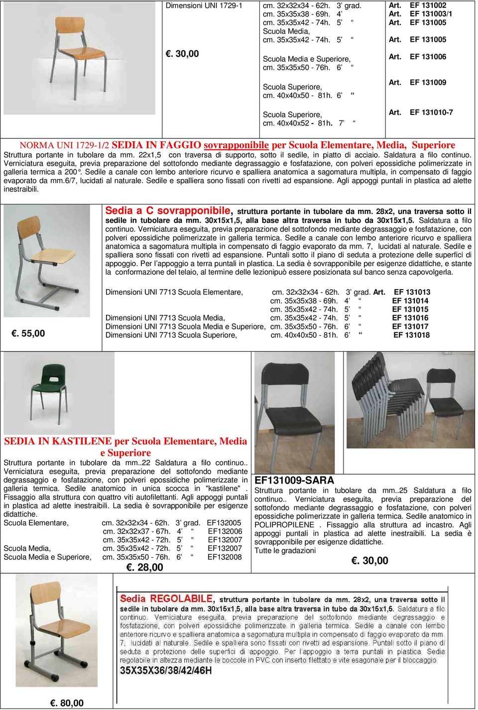 EF 131010-7 NORMA UNI 1729-1/2 SEDIA IN FAGGIO sovrapponibile per Scuola Elementare, Media, Superiore Struttura portante in tubolare da mm.