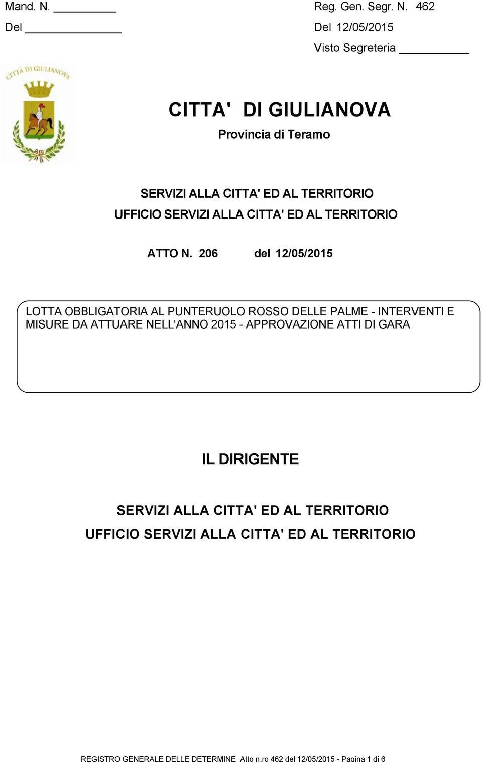 462 Del 12/05/2015 Visto Segreteria CITTA' DI GIULIANOVA Provincia di Teramo SERVIZI ALLA CITTA' ED AL TERRITORIO UFFICIO SERVIZI