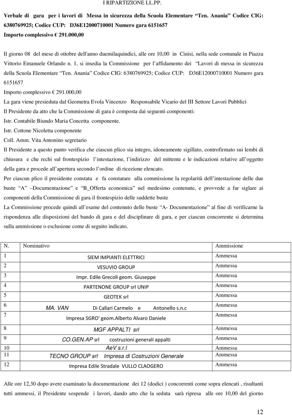 Vittorio Emanuele Orlando n. 1, si insedia la Commissione per l affidamento dei Lavori di messa in sicurezza della Scuola Elementare Ten.
