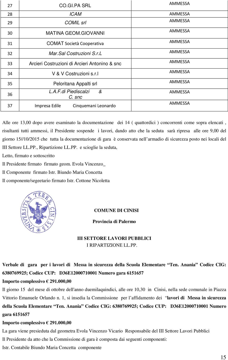 snc 37 Impresa Edile Cinquemani Leonardo Alle ore 13,00 dopo avere esaminato la documentazione dei 14 ( quattordici ) concorrenti come sopra elencati, risultanti tutti ammessi, il Presidente sospende