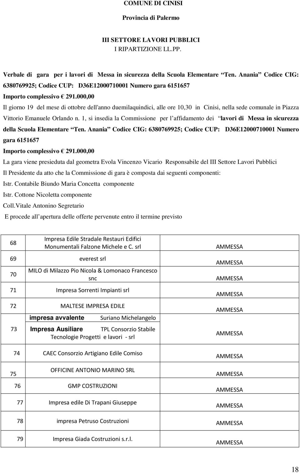 Vittorio Emanuele Orlando n. 1, si insedia la Commissione per l affidamento dei lavori di Messa in sicurezza della Scuola Elementare Ten.