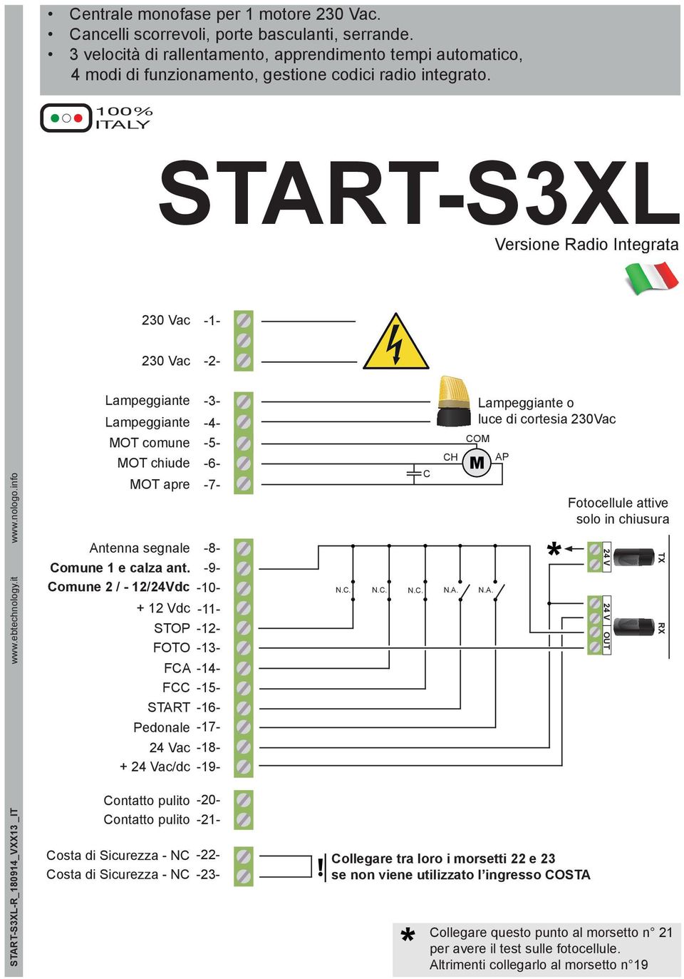 100% ITALY START-S3XL Versione Radio Integrata Versione Radio Integrata 230 Vac 230 Vac START-S3XL-R_180914_VXX13 _IT www.ebtechnology.it www.nologo.