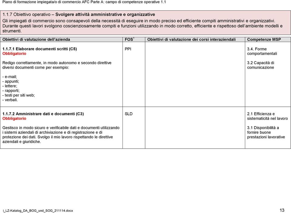 Obiettivi di valutazione dell azienda FOS 1 Obiettivi di valutazione dei corsi interaziendali Competenze MSP 1.1.7.