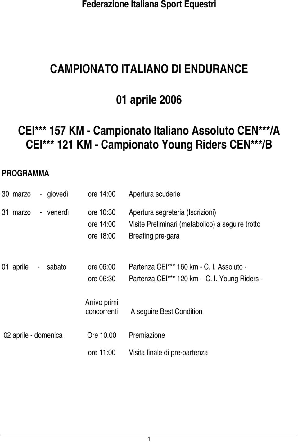 Visite Preliminari (metabolico) a seguire trotto ore 18:00 Breafing pre-gara 01 aprile - sabato ore 06:00 Partenza CEI*** 160 km - C. I.