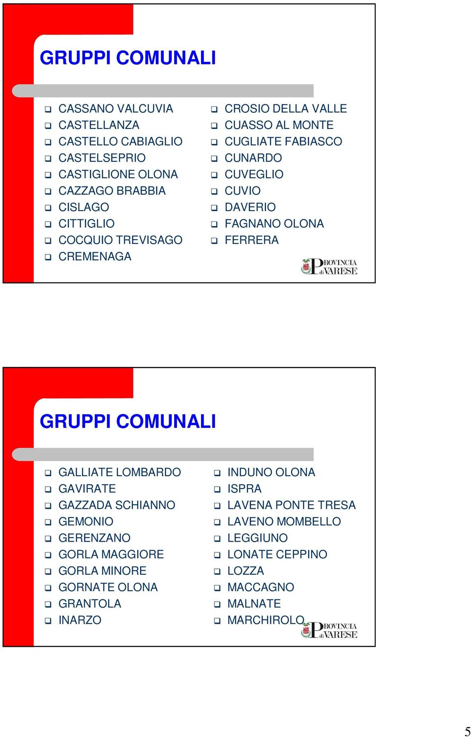 FAGNANO OLONA FERRERA GRUPPI COMUNALI GALLIATE LOMBARDO GAVIRATE GAZZADA SCHIANNO GEMONIO GERENZANO GORLA MAGGIORE GORLA MINORE