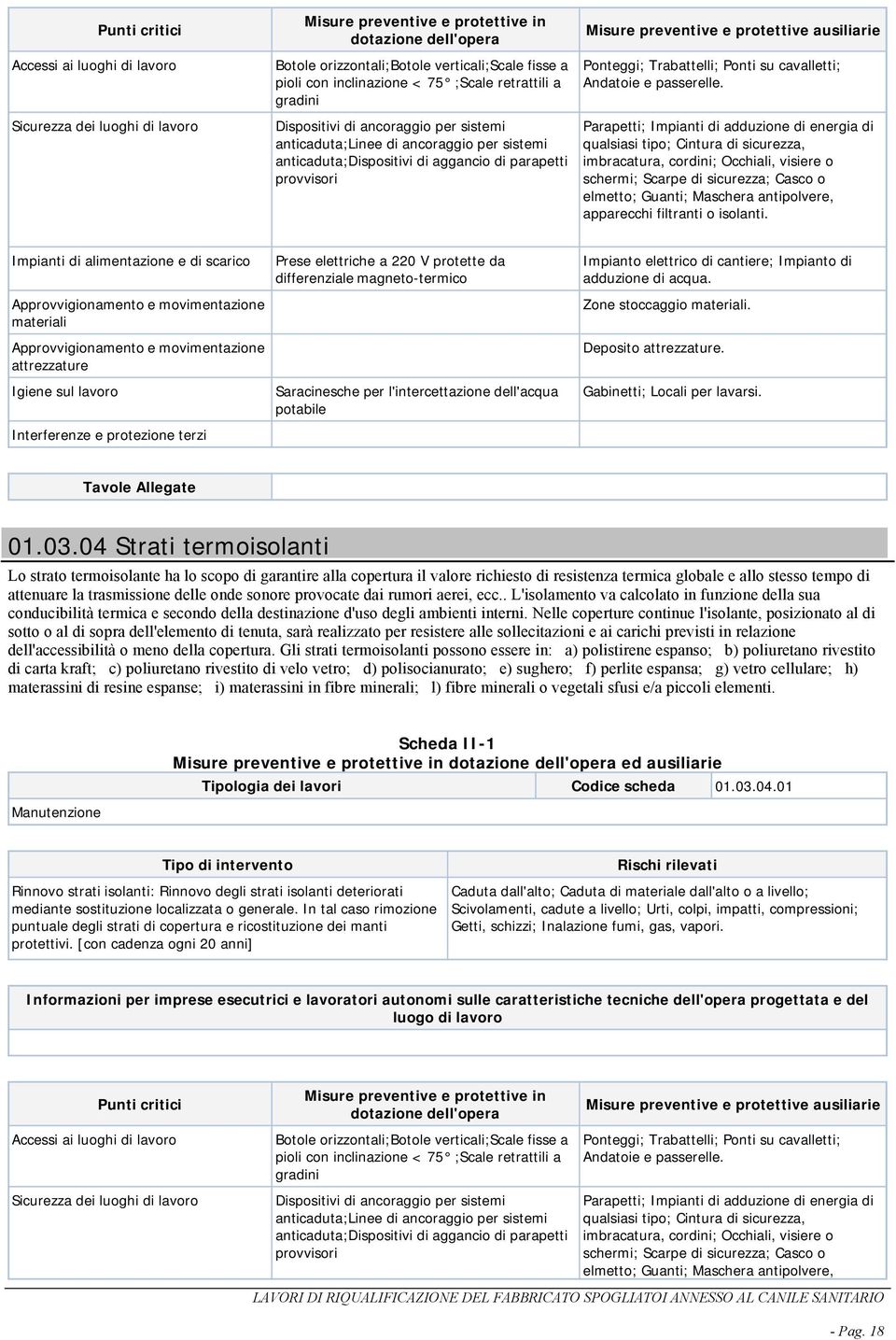 Parapetti; Impianti di adduzione di energia di qualsiasi tipo; Cintura di sicurezza, imbracatura, cordini; Occhiali, visiere o schermi; Scarpe di sicurezza; Casco o elmetto; Guanti; Maschera