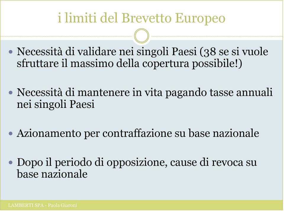 ) Necessità di mantenere in vita pagando tasse annuali nei singoli Paesi