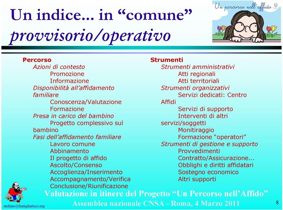 complessivo sul bambino Fasi dell affidamento familiare Lavoro comune Abbinamento Il progetto di affido Ascolto/Consenso Accoglienza/Inserimento Accompagnamento/Verifica Conclusione/Riunificazione