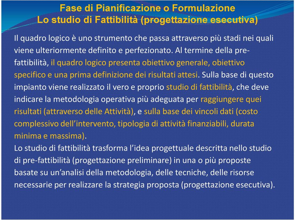 Sulla base di questo impianto viene realizzato il vero e proprio studio di fattibilità, che deve indicare la metodologia operativa più adeguata per raggiungere quei risultati (attraverso delle